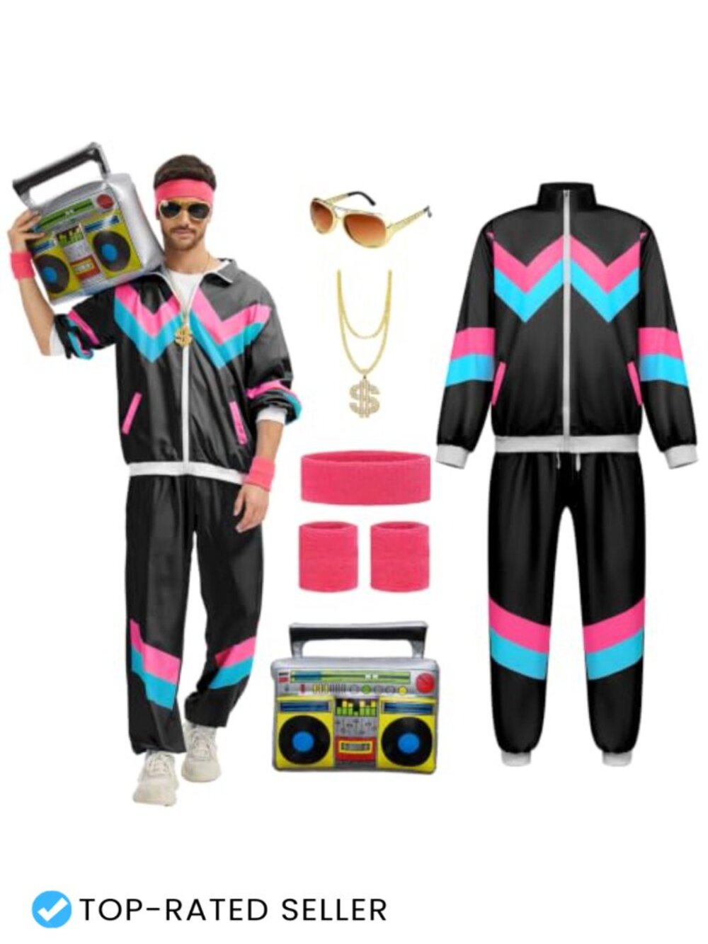 Mens 80s 90s Outfit Set Windbreaker Sweatpants Halloween Costume 8 Piece